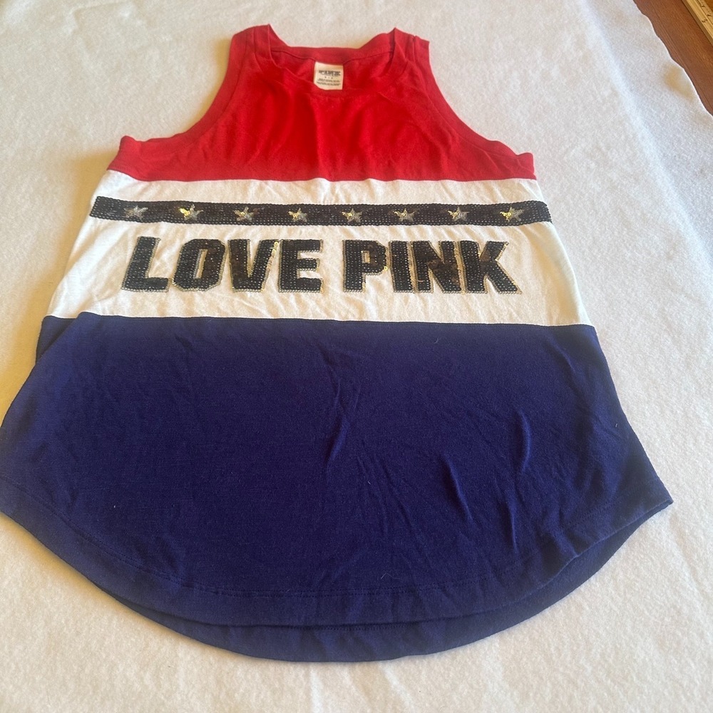 PINK Victoria's Secret Sequin Tank Top Red White Blue LOVE PINK S 352173-6R5